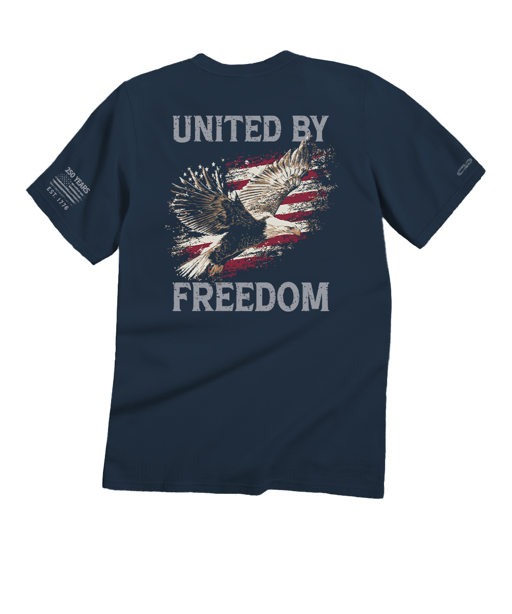 Navy blue t-shirt with an eagle and American flag design on the back, featuring the text 'UNITED BY FREEDOM'. View 1