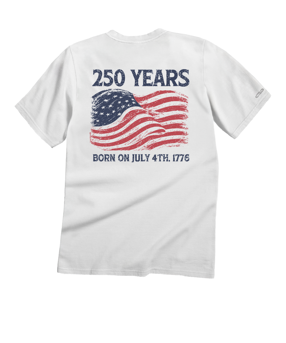 White t-shirt with American flag graphic and text on a white background View 1