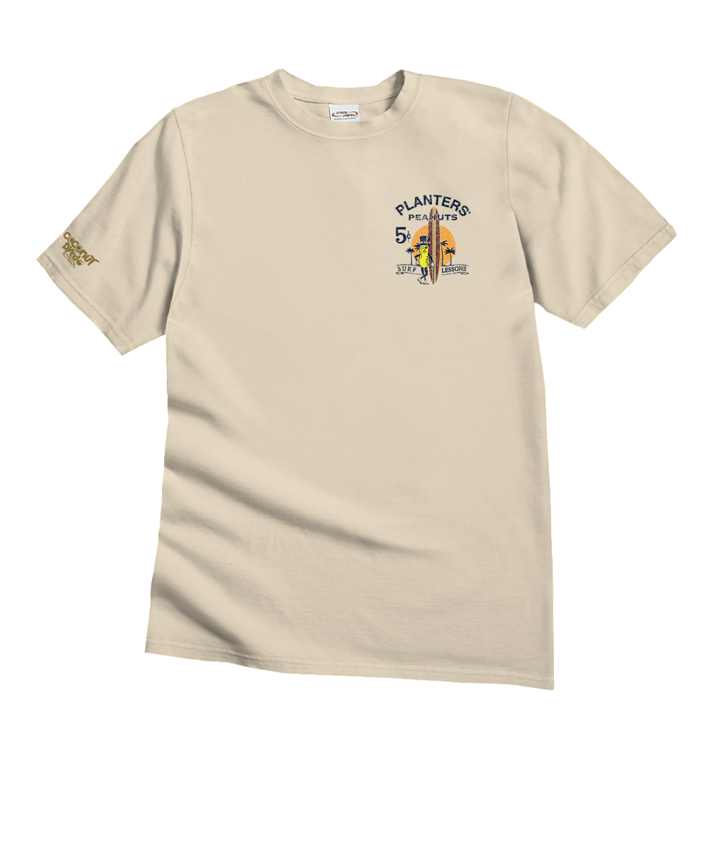 Beige t-shirt with a cartoon character and surfboard design on the back, featuring 'Planters Peanuts' branding. View 4