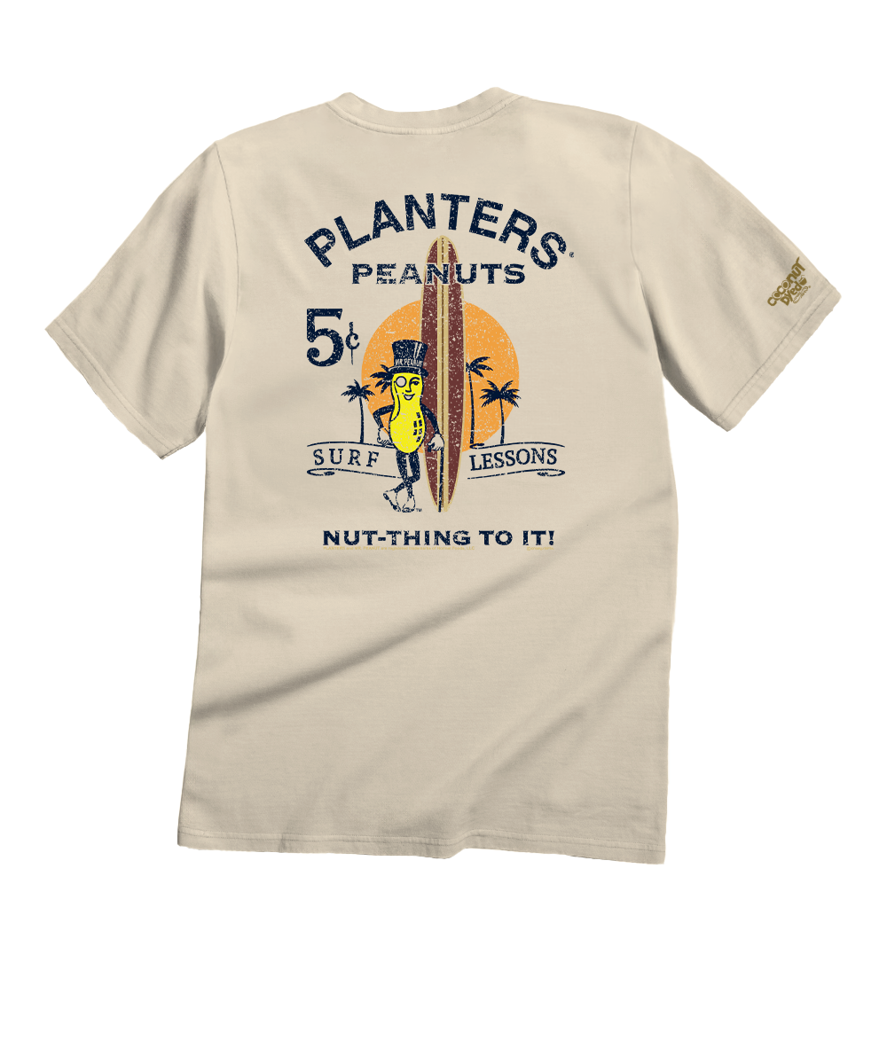 Beige t-shirt with a cartoon character and surfboard design on the back, featuring 'Planters Peanuts' branding. View 1