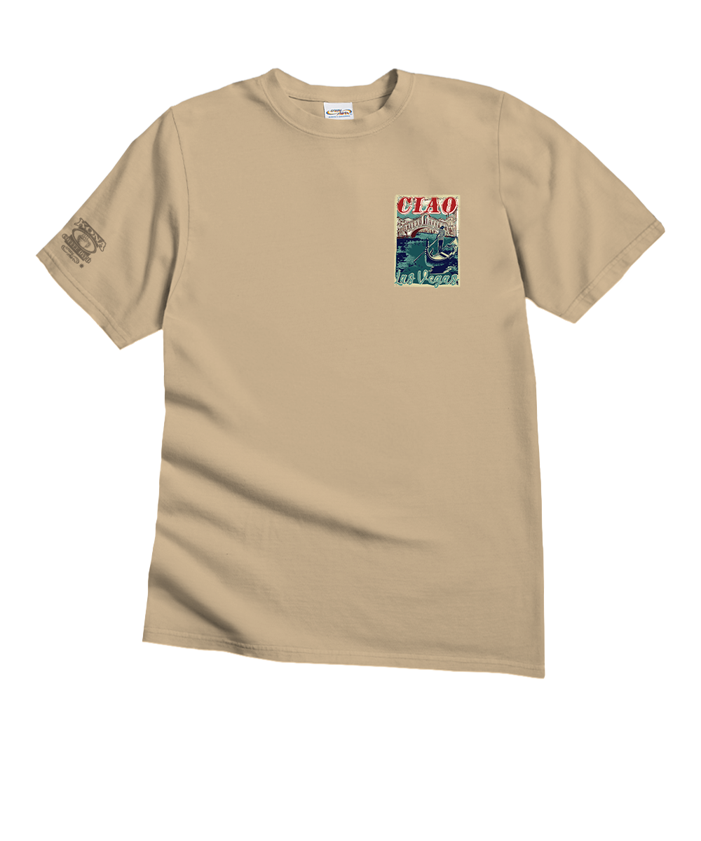 A beige short-sleeve crewneck t-shirt with a small graphic print on the left chest featuring the word 'CIAO' in red above a blue and green illustration, shown on a plain white background. View 4