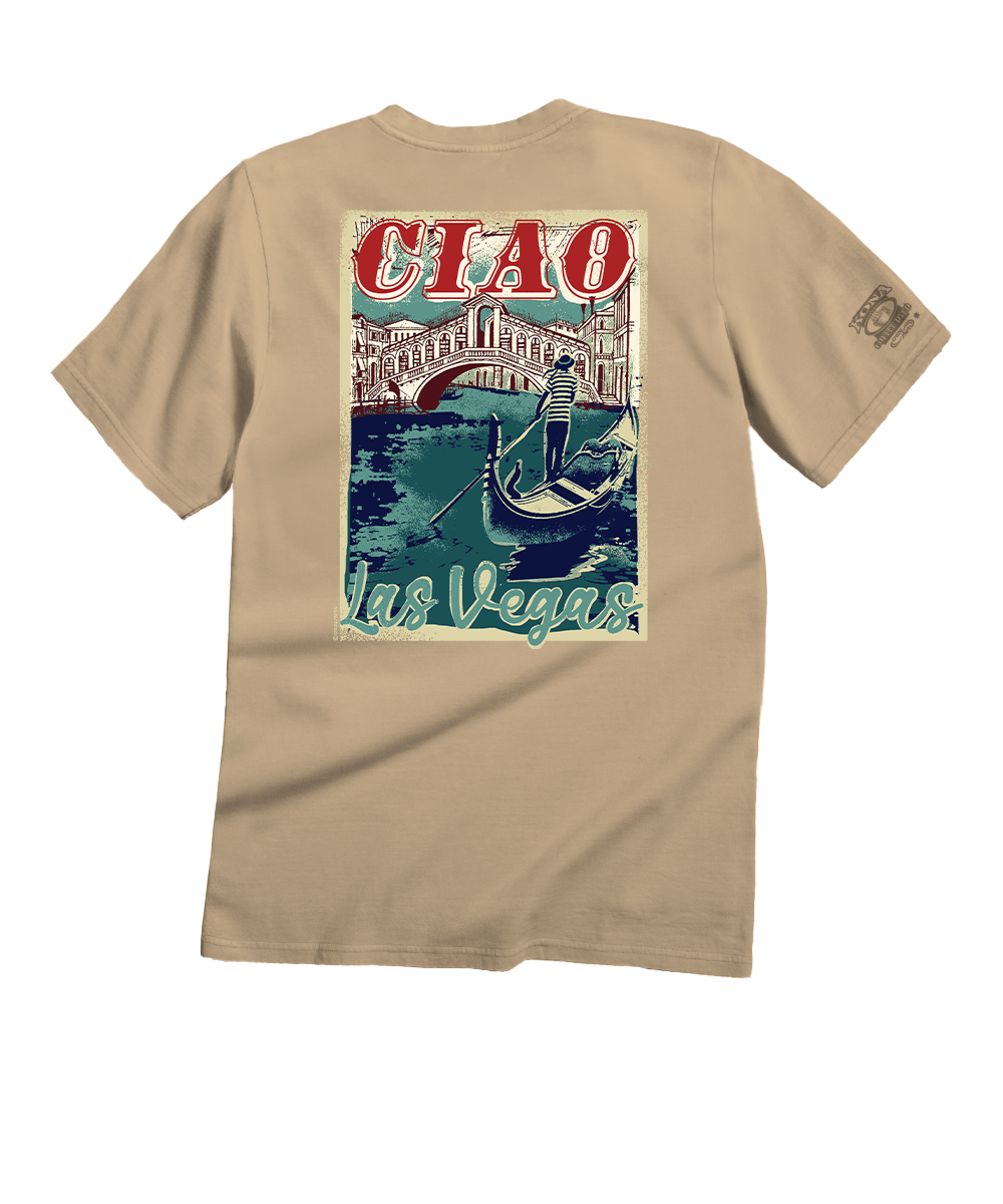A beige short-sleeve t-shirt shown from the back, featuring a large graphic print of a Venice gondola with the text 'CIAO Las Vegas' in red and teal. View 1