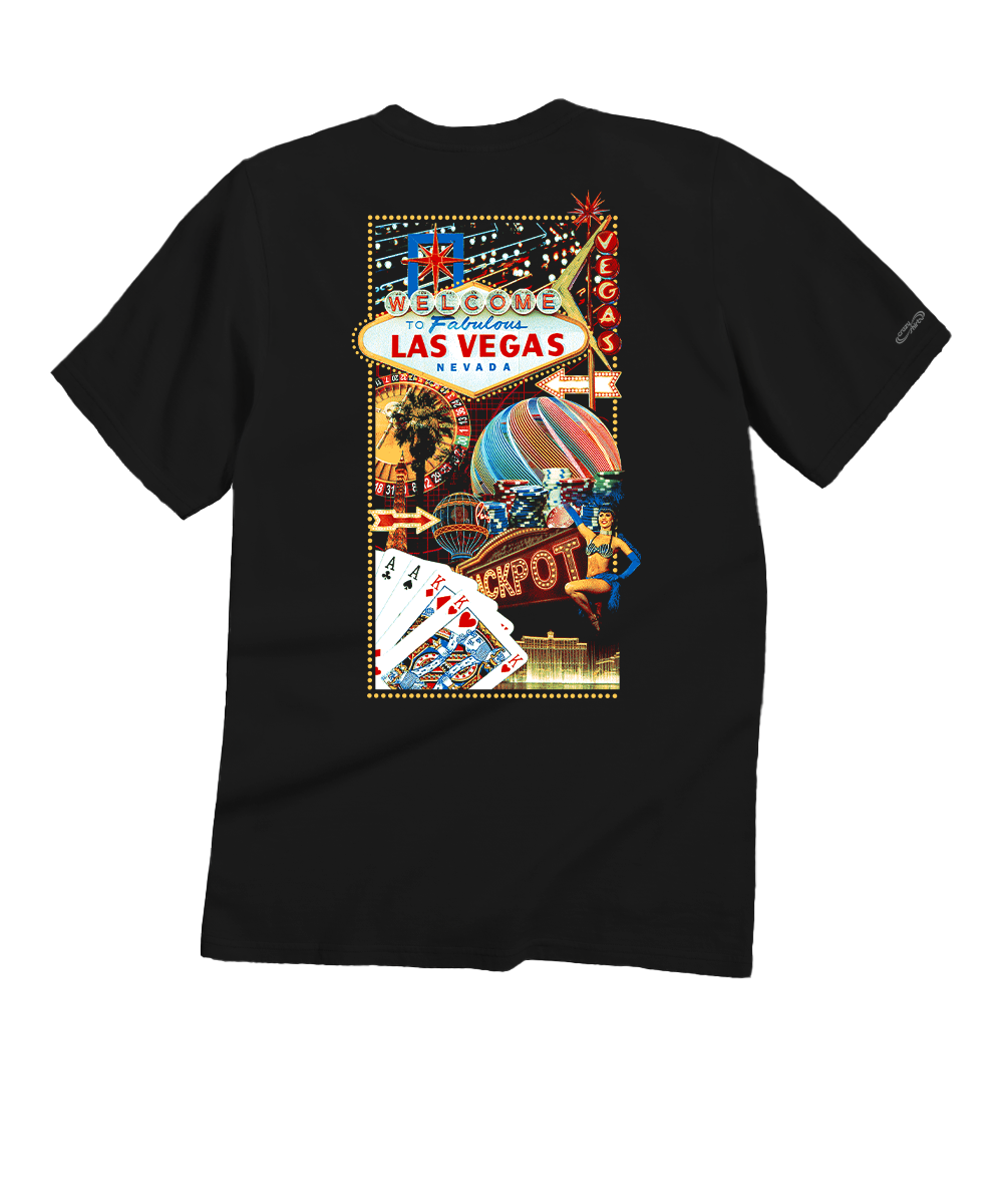 A black short-sleeve t-shirt shown from the back, featuring a large, colorful graphic print of the 'Welcome to Las Vegas' sign and surrounding neon casino imagery. View 1