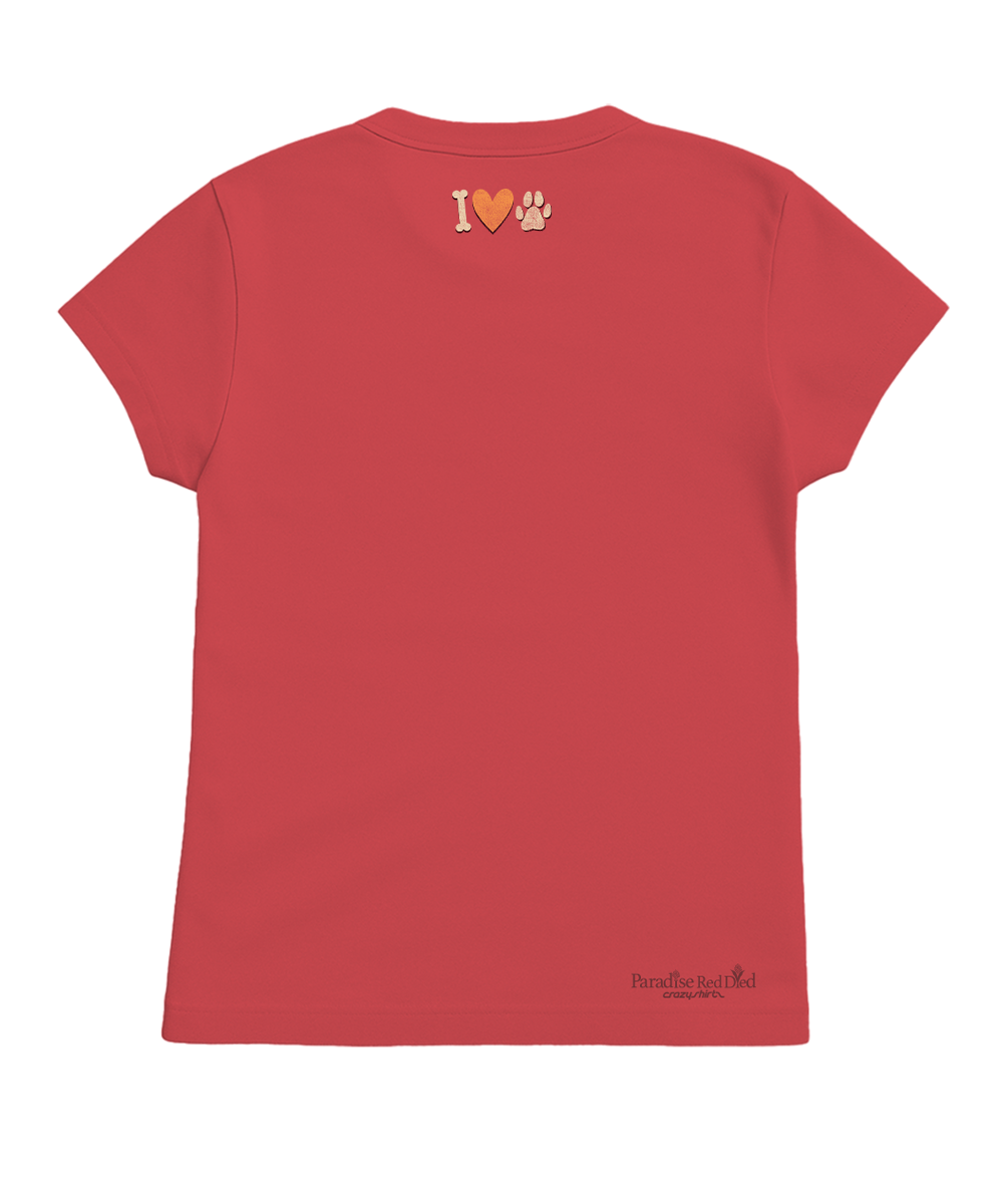 Red t-shirt with a brand logo on the back against a white background View 4