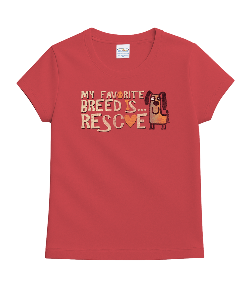 A red short-sleeve crewneck t-shirt featuring a graphic print that reads 'MY FAVORITE BREED IS. View 1