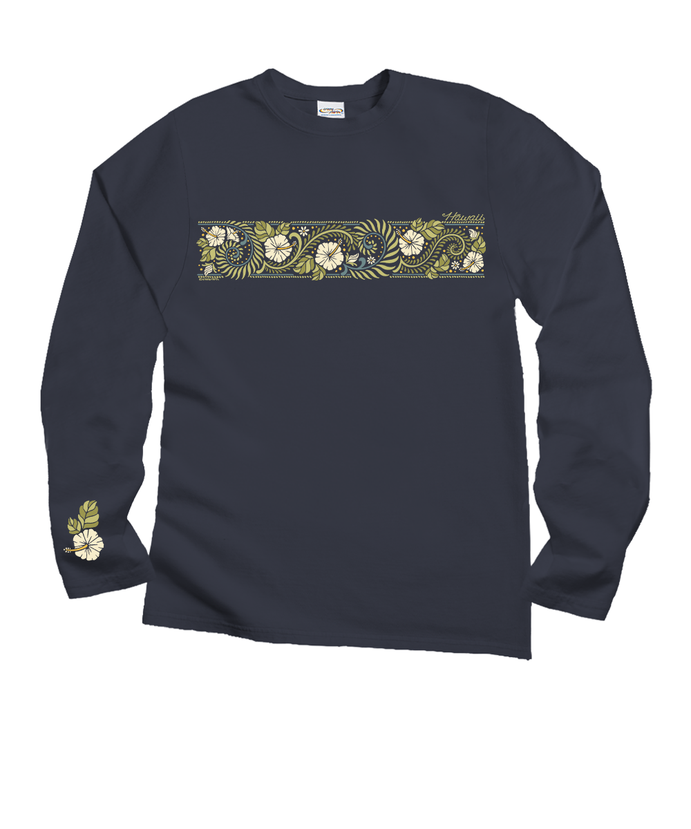 A navy blue long-sleeve crewneck shirt featuring a horizontal floral and paisley pattern band across the chest and a matching floral detail on the left sleeve cuff, shown against a plain white background. View 1