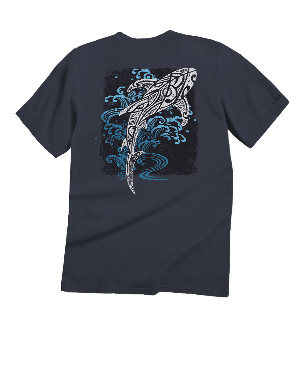 A dark charcoal gray short-sleeve t-shirt shown from the back, featuring a large graphic print of a stylized shark or whale with tribal patterns and blue ocean waves on a black background. View 1
