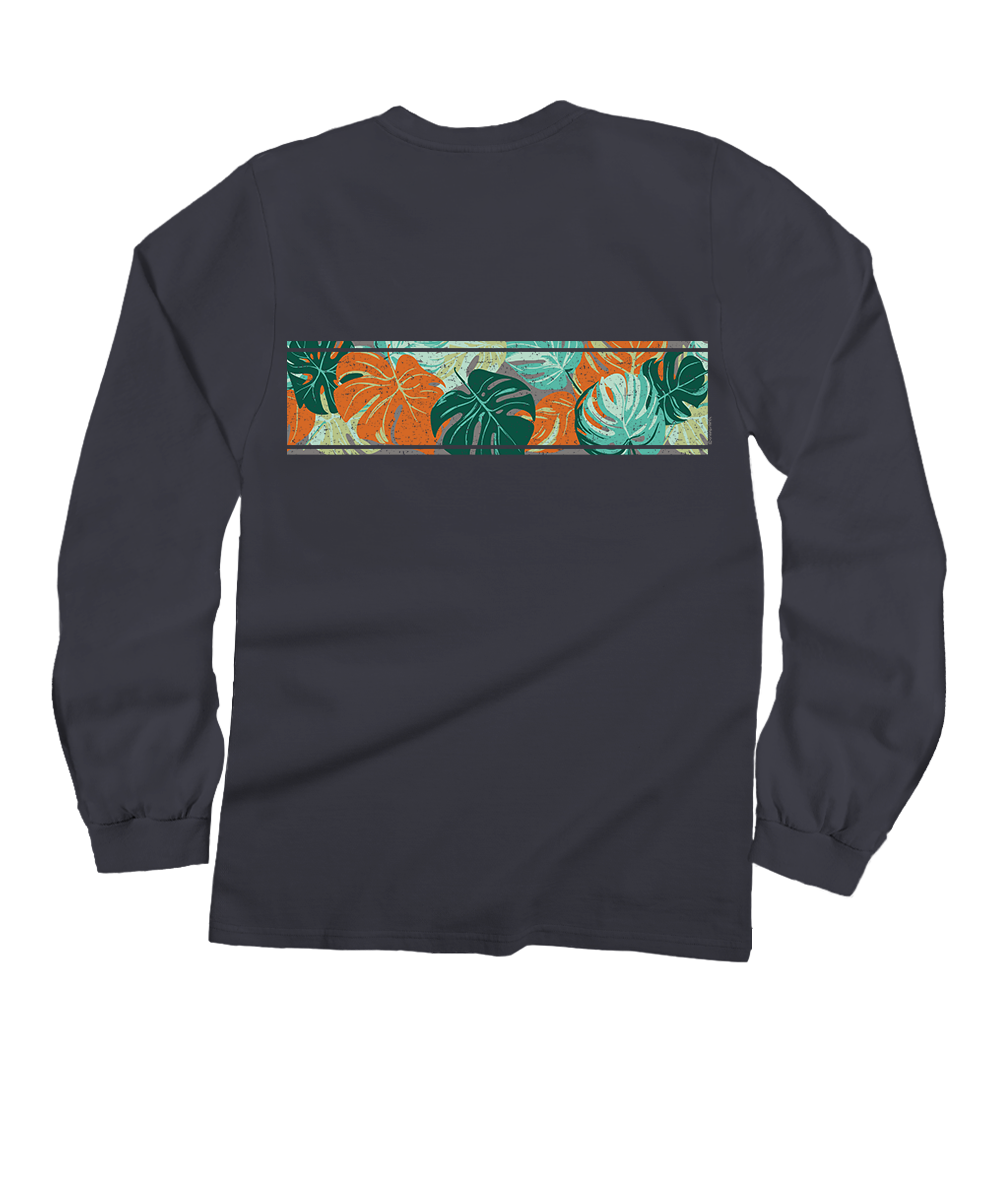 A dark charcoal gray long-sleeve t-shirt with a horizontal tropical leaf pattern graphic across the chest, featuring orange and green leaves on a light background. View 4