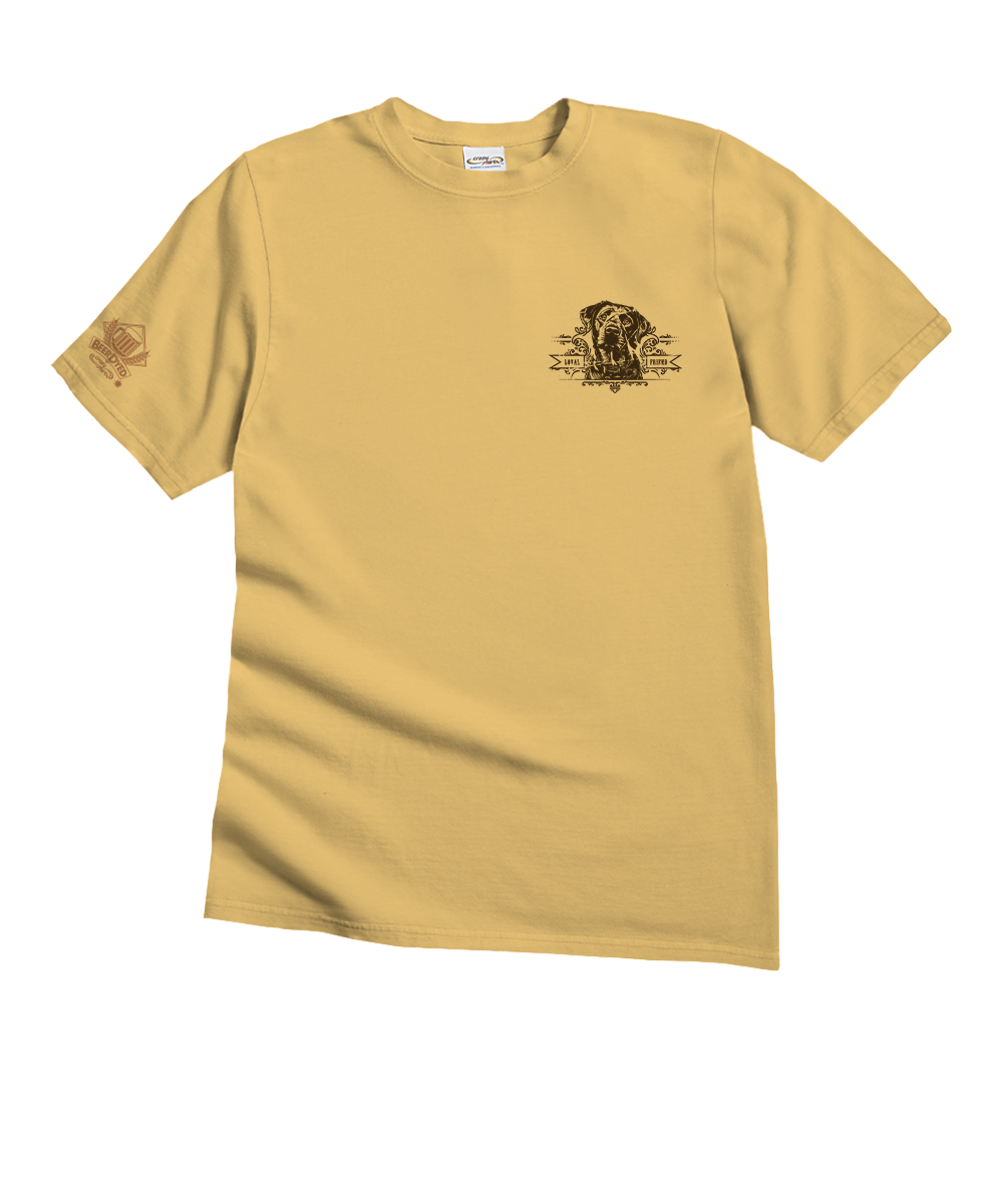 A mustard yellow short-sleeve t-shirt with a distressed brown graphic of a dog on the left chest, and a matching graphic on the right sleeve, shown on a plain white background. View 4