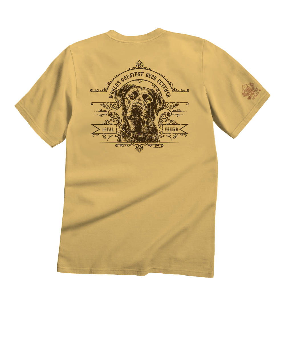 A tan short-sleeve t-shirt shown from the back, featuring a large dark brown graphic print of a dog's head with decorative text and banners. The text reads 'THE GREATEST BEER FETCHER' and 'LOYAL FRIEND'. View 1