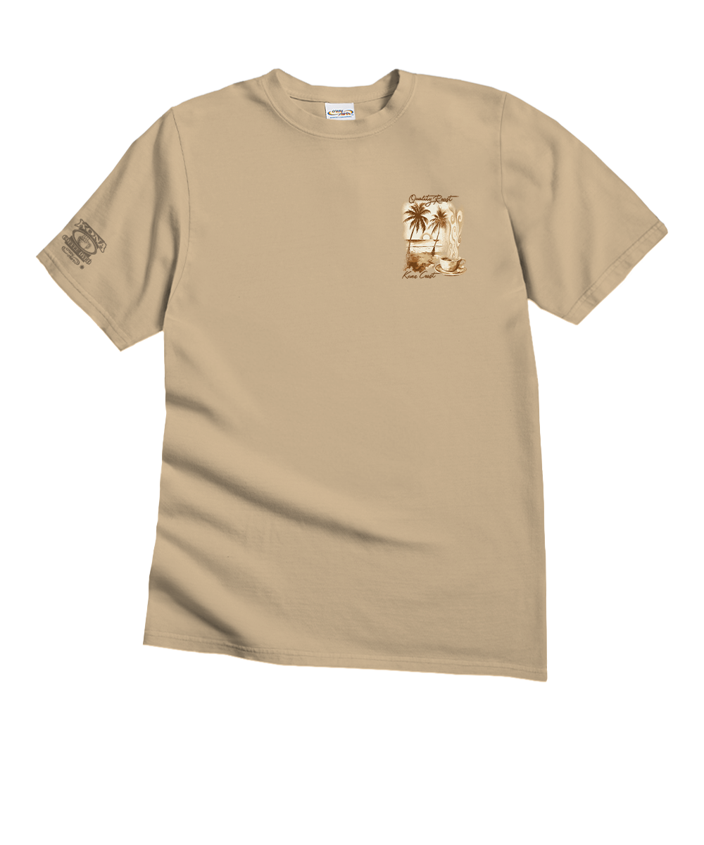 A beige short-sleeve crewneck t-shirt with a small brown graphic print of palm trees on the left chest and a matching graphic on the right sleeve, shown on a plain white background. View 4