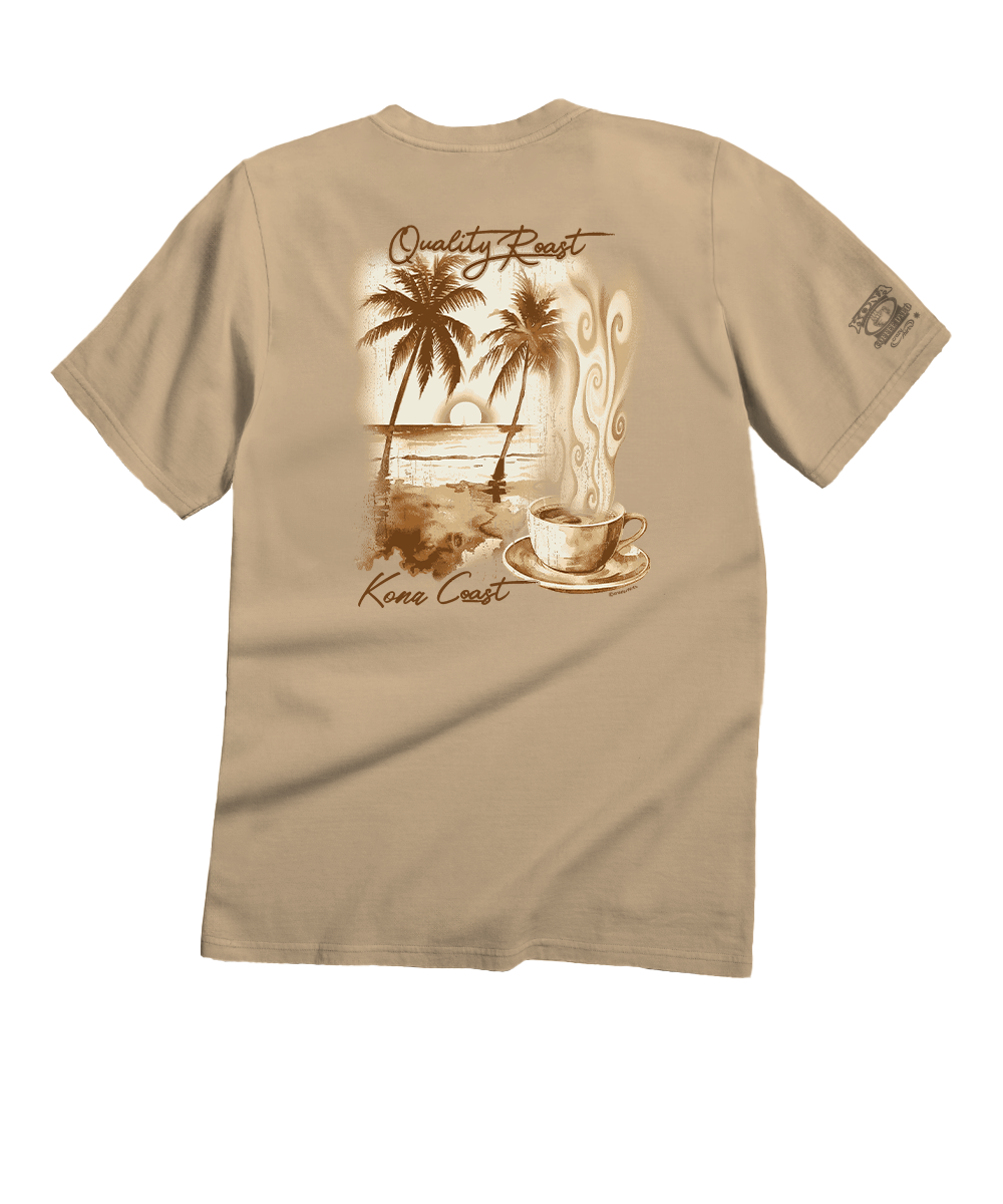 A beige short-sleeve t-shirt shown from the back, featuring a graphic print of a tropical beach scene with palm trees, a coffee cup, and the text 'Quality Roast' and 'Kona Coast'. View 1