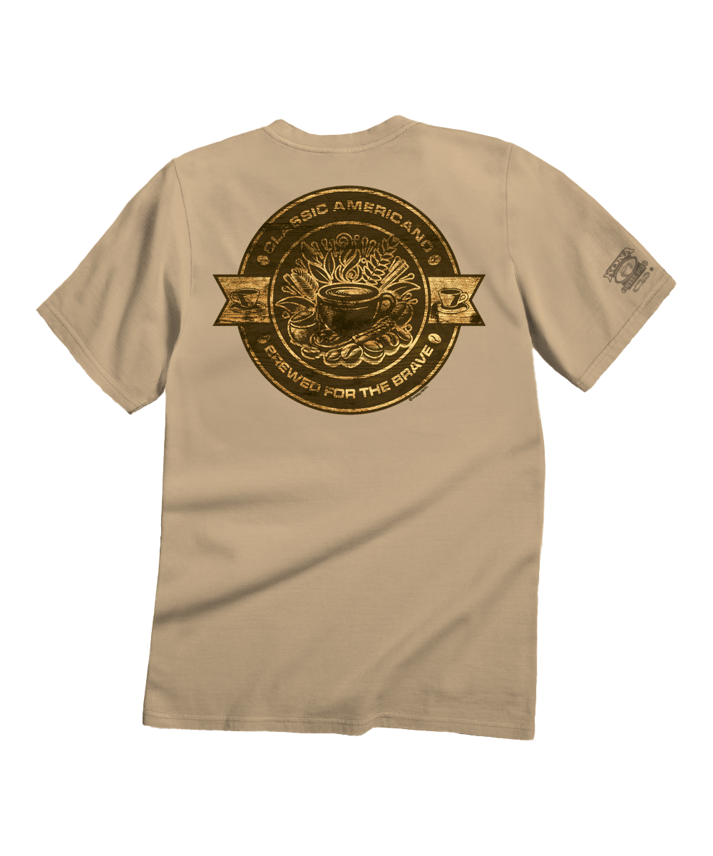 A tan short-sleeve t-shirt shown from the back, featuring a large circular bronze graphic print with a coffee cup  View 1
