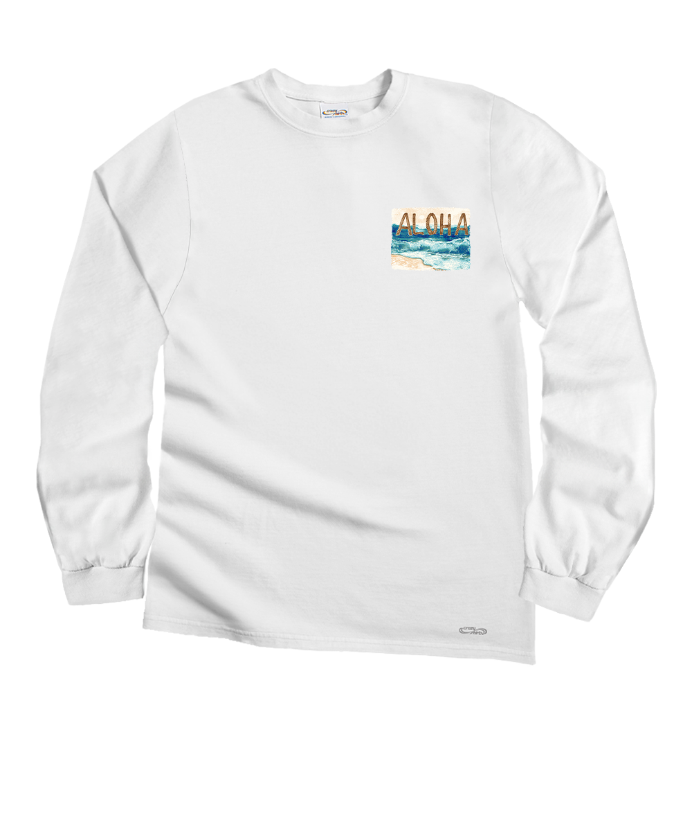 A white long-sleeve crewneck t-shirt with a small graphic on the left chest depicting a beach scene with the word 'ALOHA' above it, shown on a plain white background. View 4