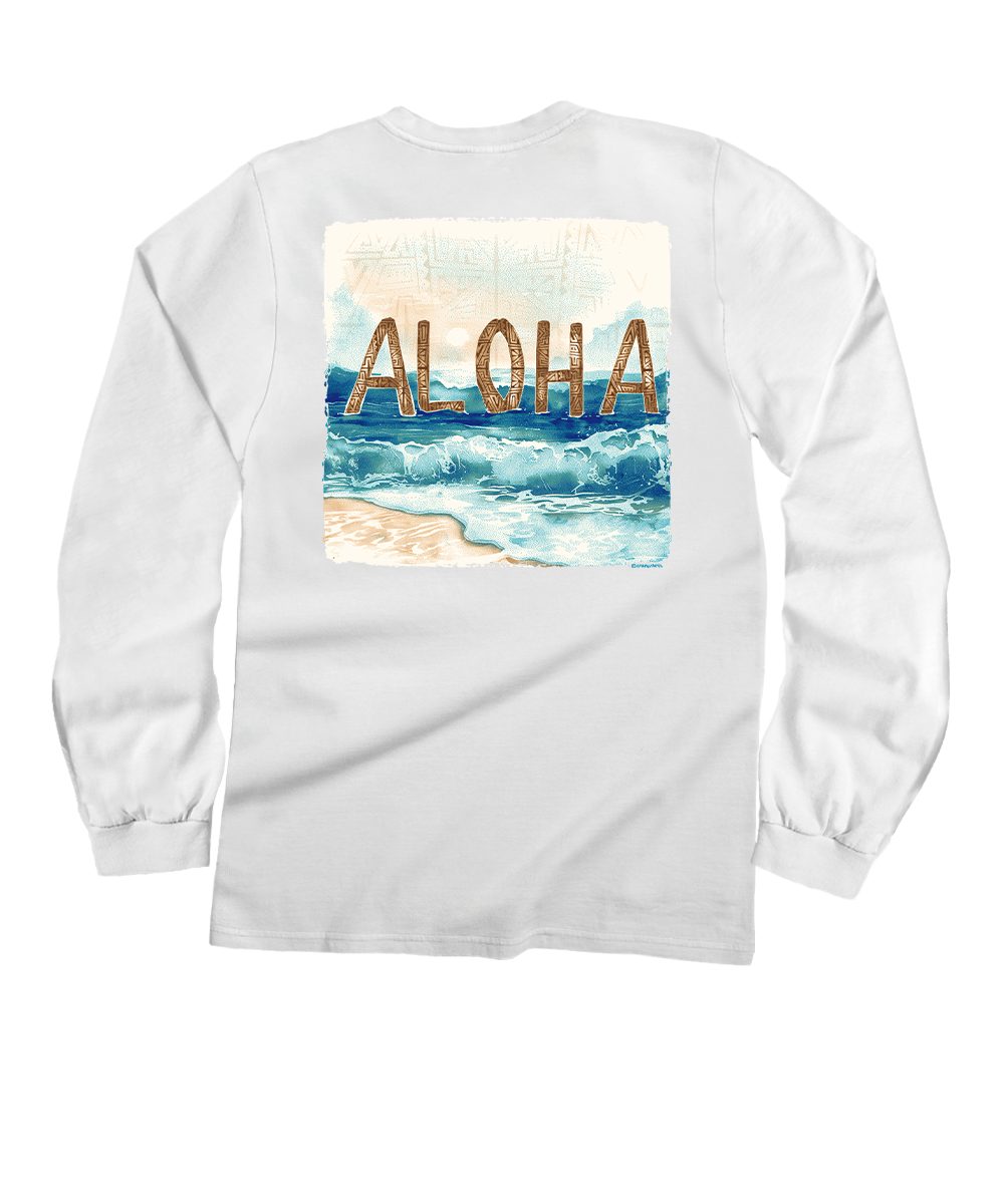 White long-sleeve t-shirt shown from the back, featuring a square graphic print of a beach scene with blue waves and the word 'ALOHA' in large brown letters. View 1