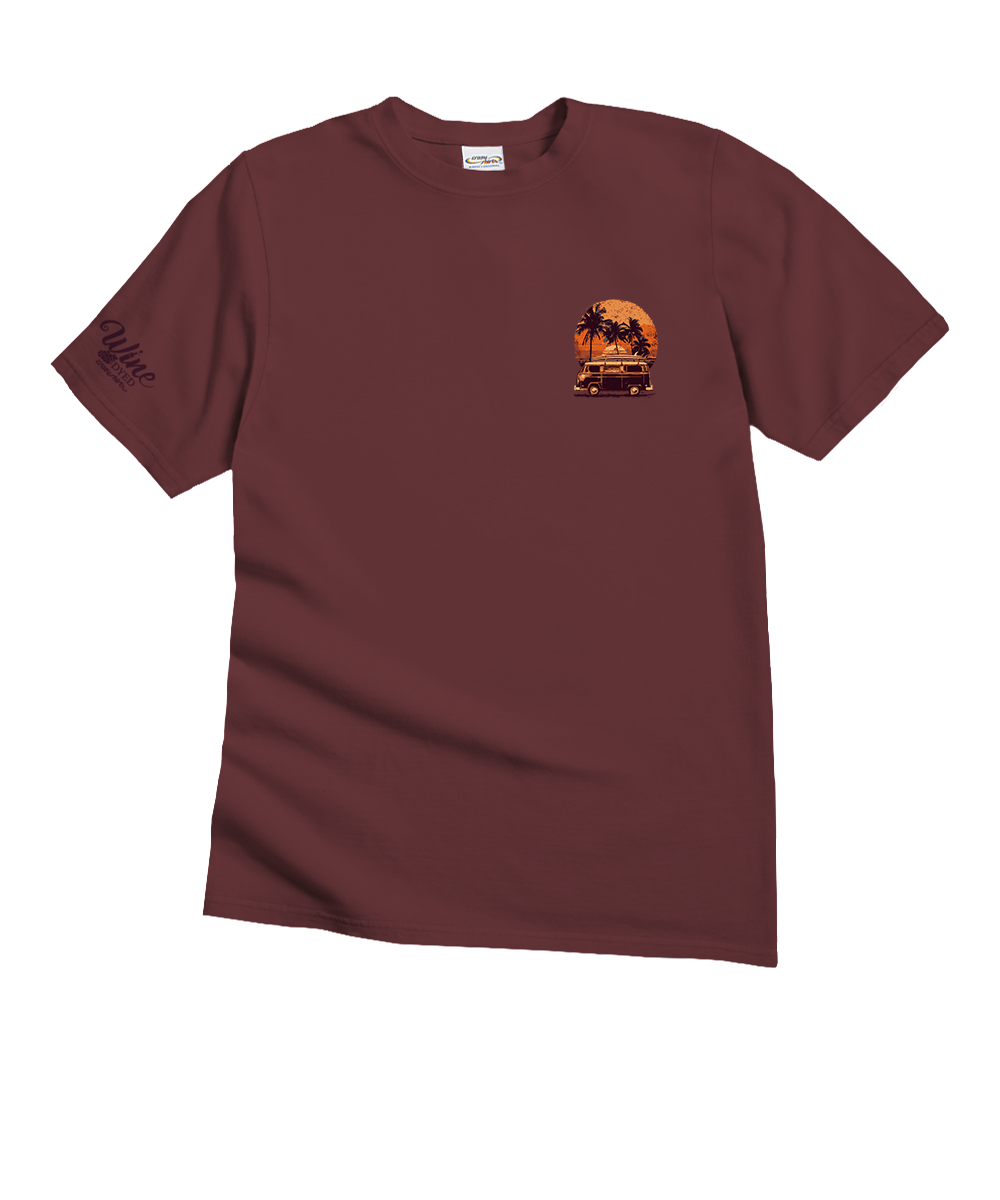 A maroon short-sleeve crewneck t-shirt with a small graphic on the left chest showing a sunset and a vintage car, plus a dark script logo on the right sleeve, displayed on a solid white background. View 4