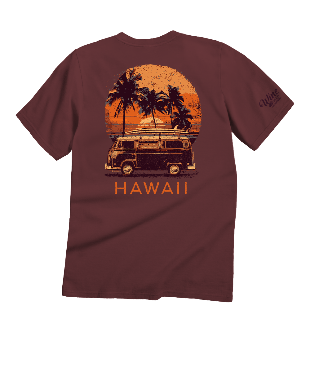 A maroon short-sleeve t-shirt shown from the back, featuring a retro-style graphic of a vintage van, palm trees, and an orange sunset with the word 'HAWAII' printed below. A small script logo is visible on the left sleeve. View 1