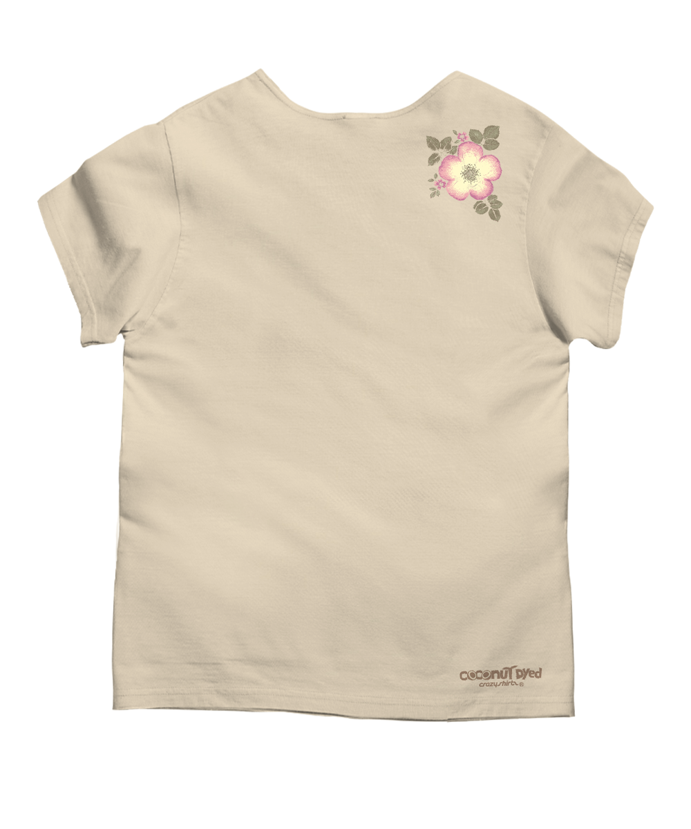 A beige short-sleeve t-shirt shown from the back, featuring a small pink and green floral graphic on the upper right shoulder and 'cocoon girl' printed in brown near the bottom left hem, set against a plain white background. View 4