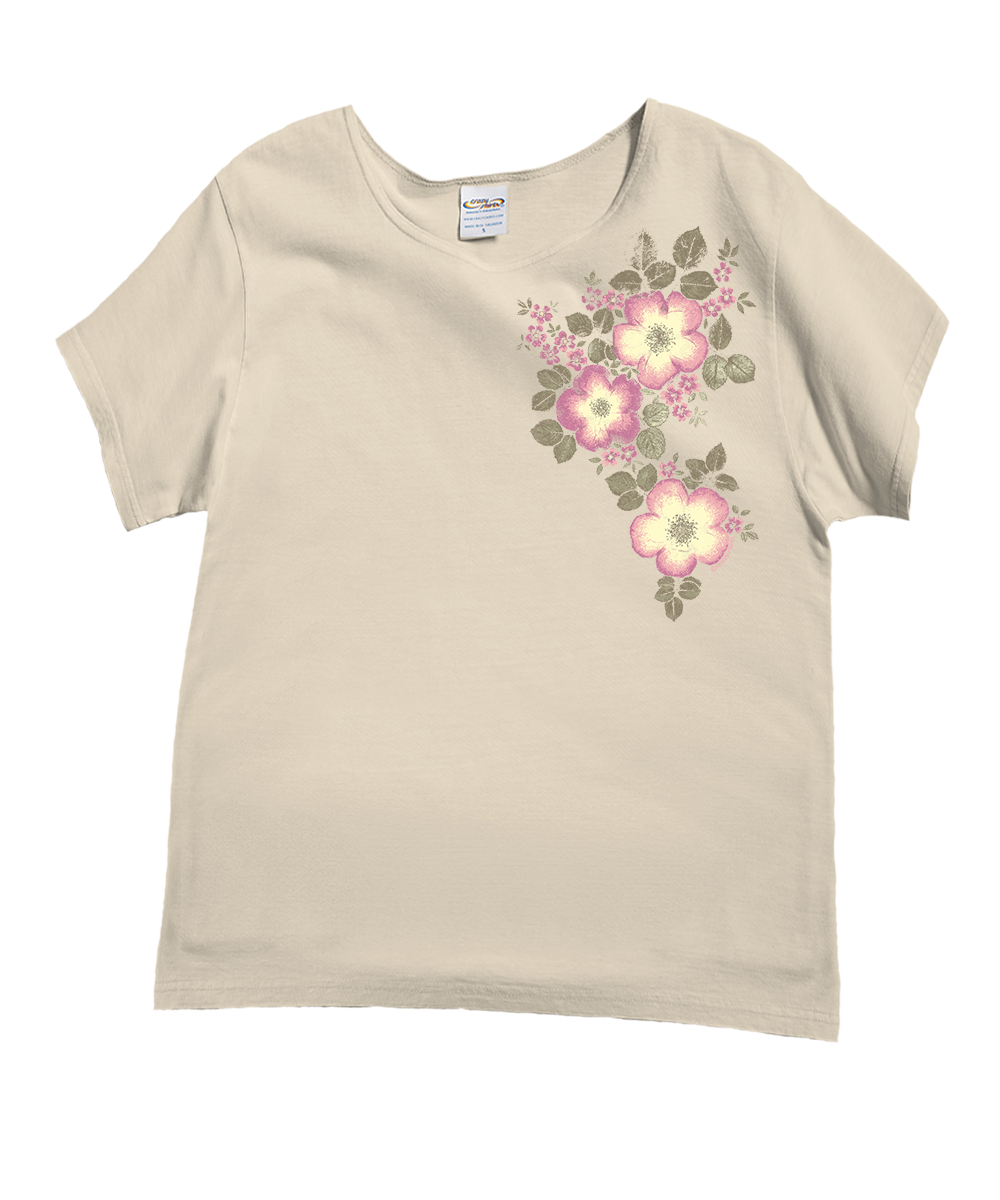 A beige short-sleeve crewneck t-shirt featuring a floral graphic on the left chest with pink and white flowers and green leaves, displayed against a plain white background. View 1