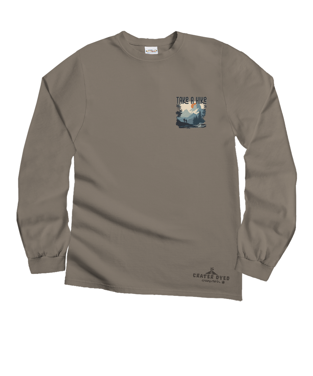 A taupe long-sleeve t-shirt with a small chest graphic showing a mountain scene and the text 'TRUE OR HATE', plus a 'CRAFTED BY DYE' logo near the bottom hem, displayed on a solid white background. View 4