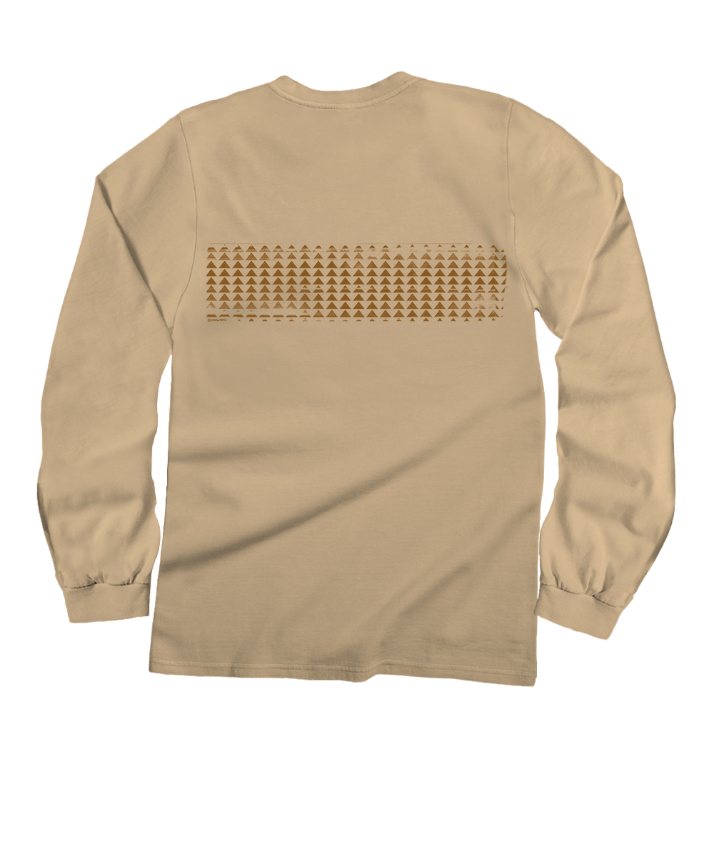A beige long-sleeve t-shirt shown from the back, featuring a horizontal band of small brown geometric triangles across the upper back. View 4