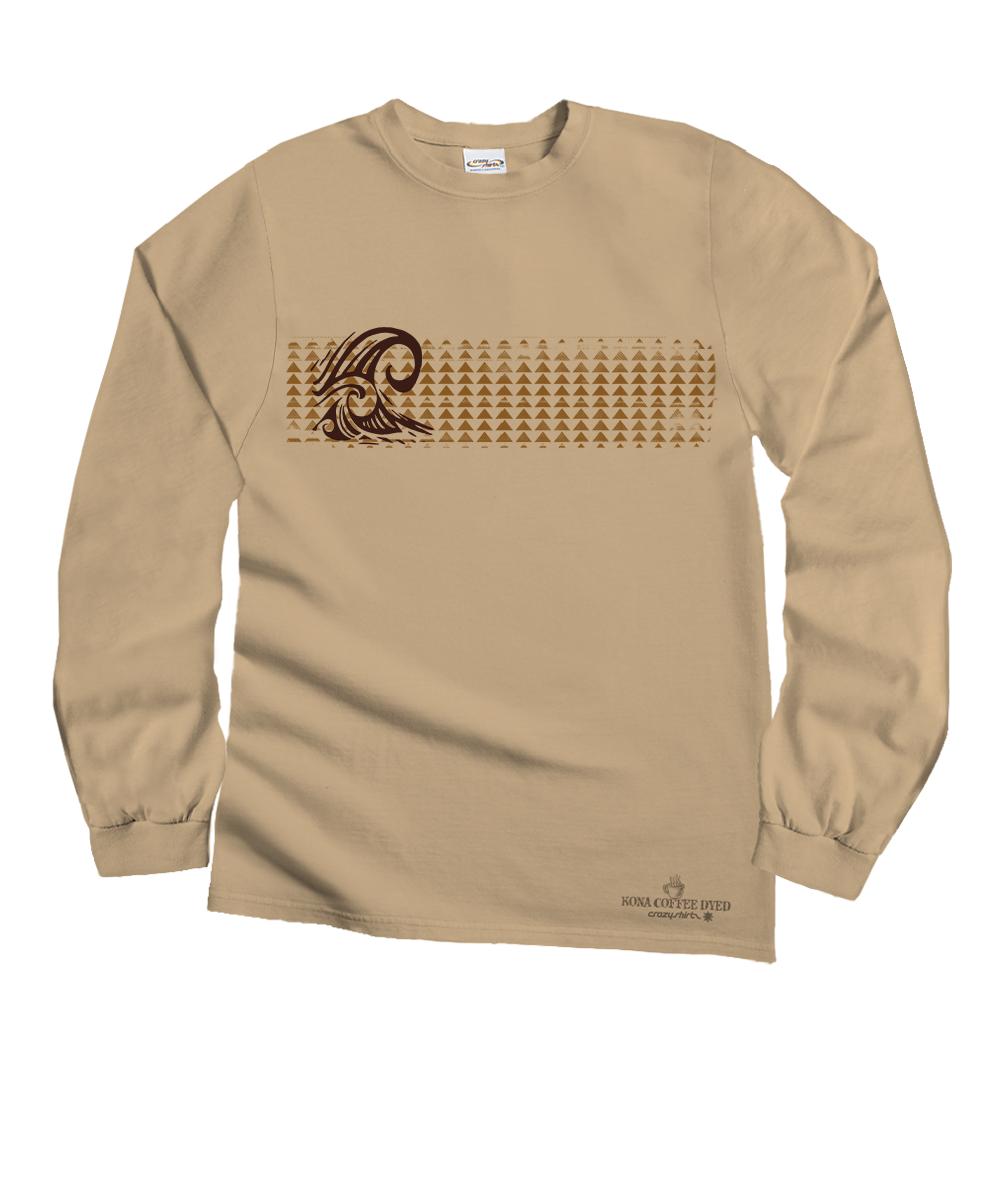 A beige long-sleeve crewneck t-shirt featuring a horizontal graphic across the chest. The graphic consists of a dark brown stylized figure on the left, a central band of small repeating triangles, and a small brand logo printed near the bottom right hem. View 1