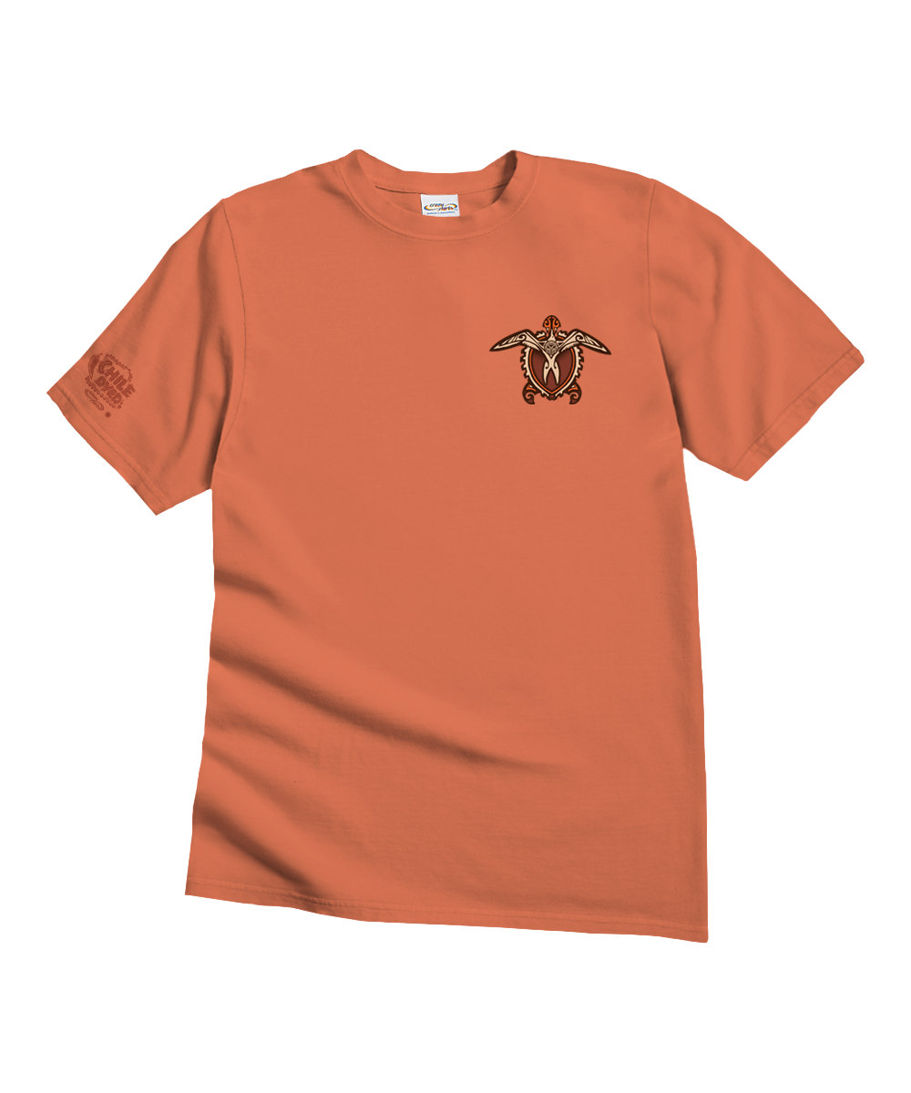 An orange short-sleeve crewneck t-shirt featuring a brown and gold sea turtle graphic on the left chest, displayed on a clean white background. View 4