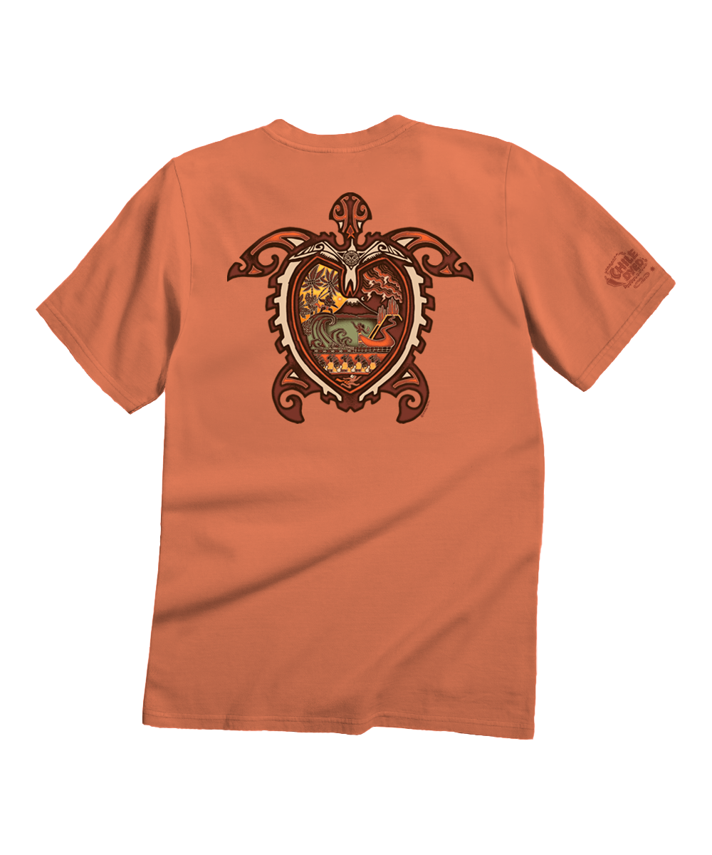 An orange short-sleeve t-shirt shown from the back, featuring a large graphic of a turtle with a tropical landscape inside and a small logo on the left sleeve, set against a plain white background. View 1