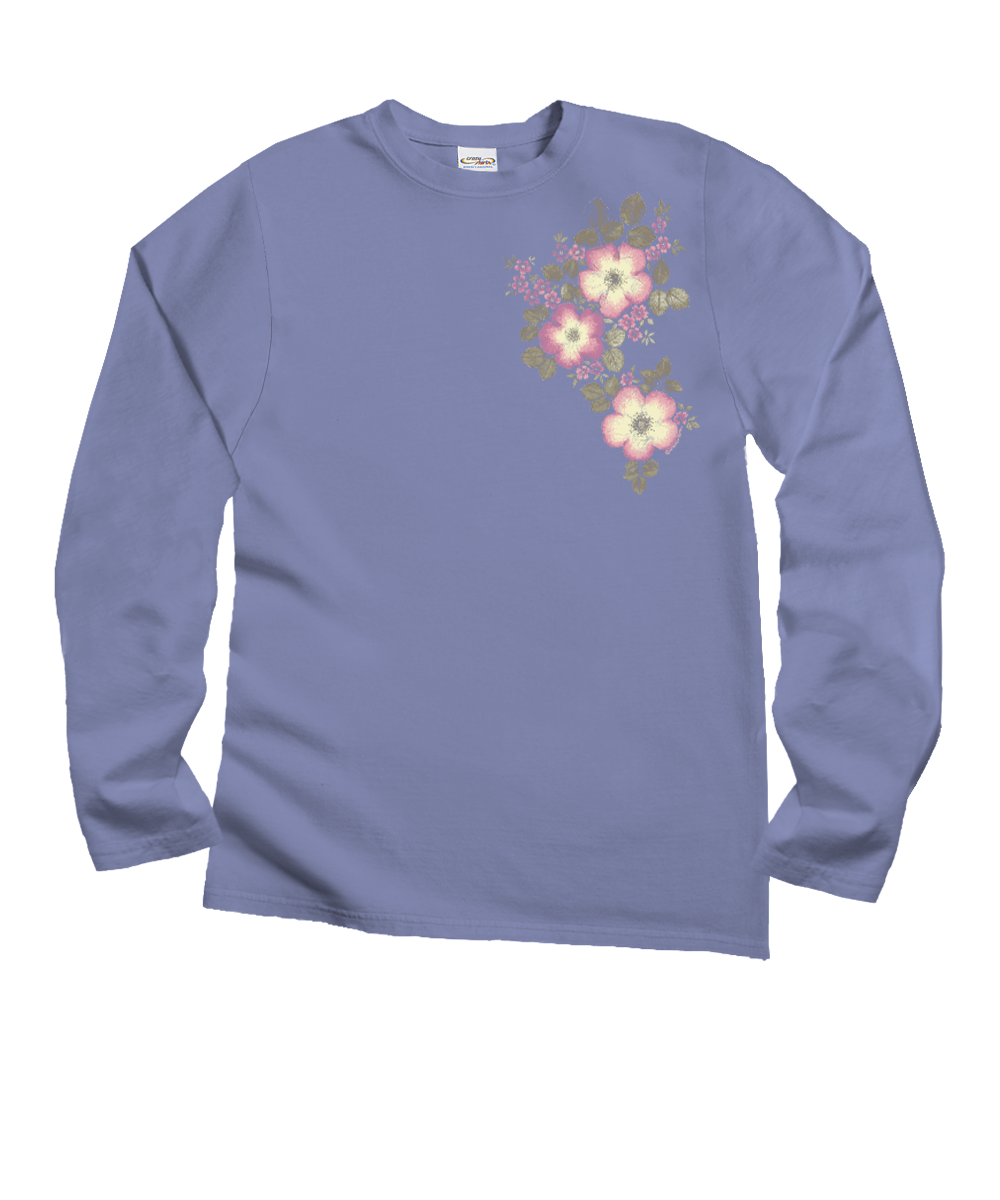 A long-sleeve crewneck shirt in dusty periwinkle blue, featuring a vertical cluster of pink and white flowers with green leaves on the upper right chest, displayed on a solid white background. View 1