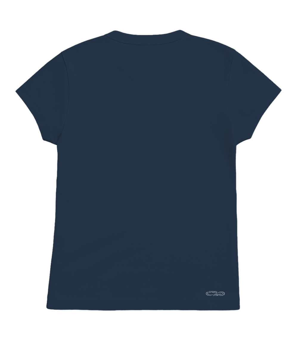 A navy blue short-sleeve t-shirt shown from the back, featuring a small white embroidered logo near the bottom right hem, set against a plain white background. View 4