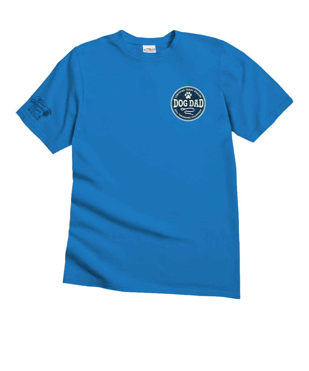 Blue t-shirt with 'Dog Dad' graphic on a white background View 4