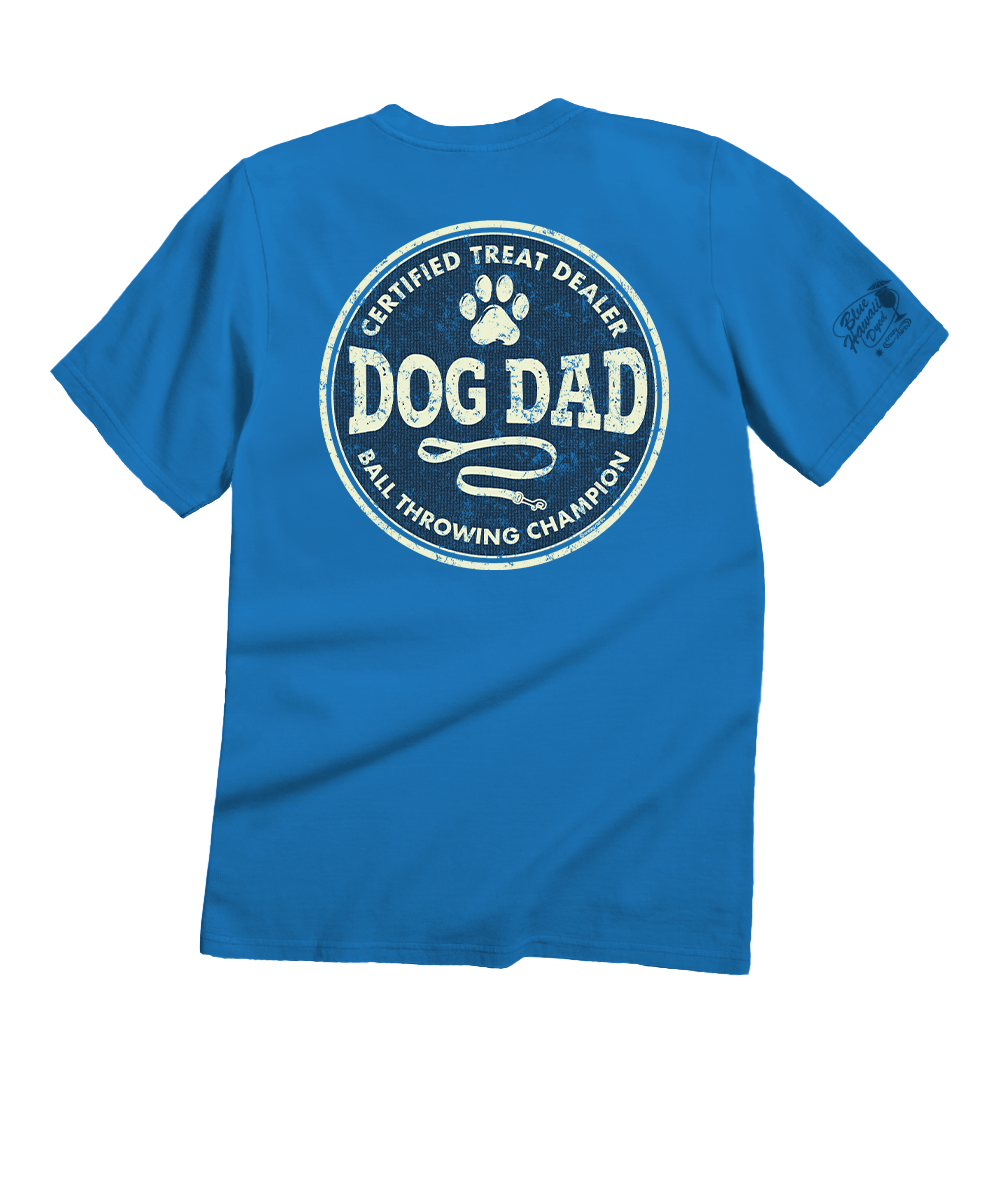 Blue t-shirt with 'Dog Dad' text and paw print on a white background View 1