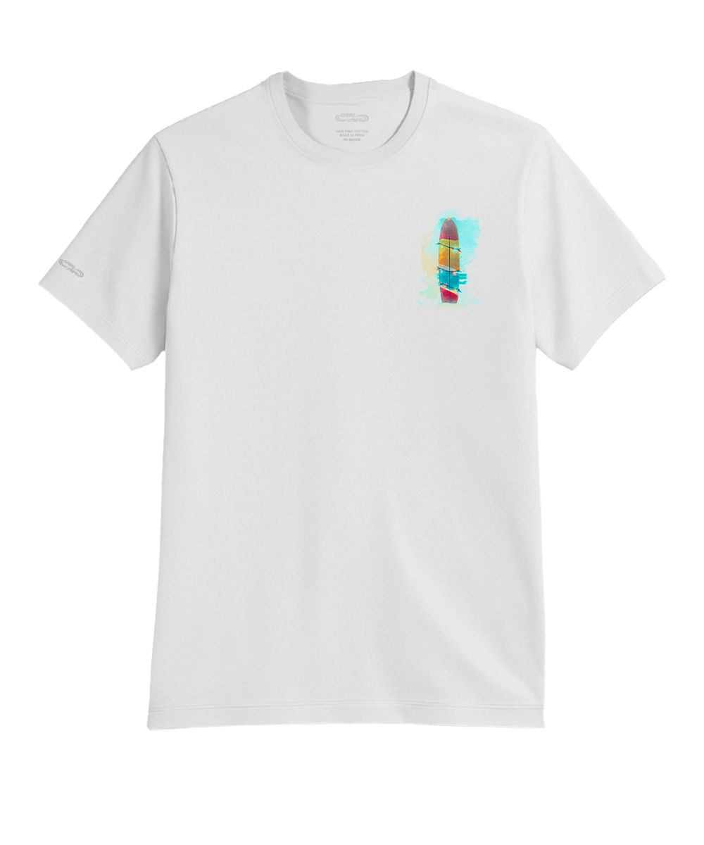A white short-sleeve crewneck t-shirt with a small colorful graphic on the left chest depicting a surfboard and the word 'SURF'. View 4
