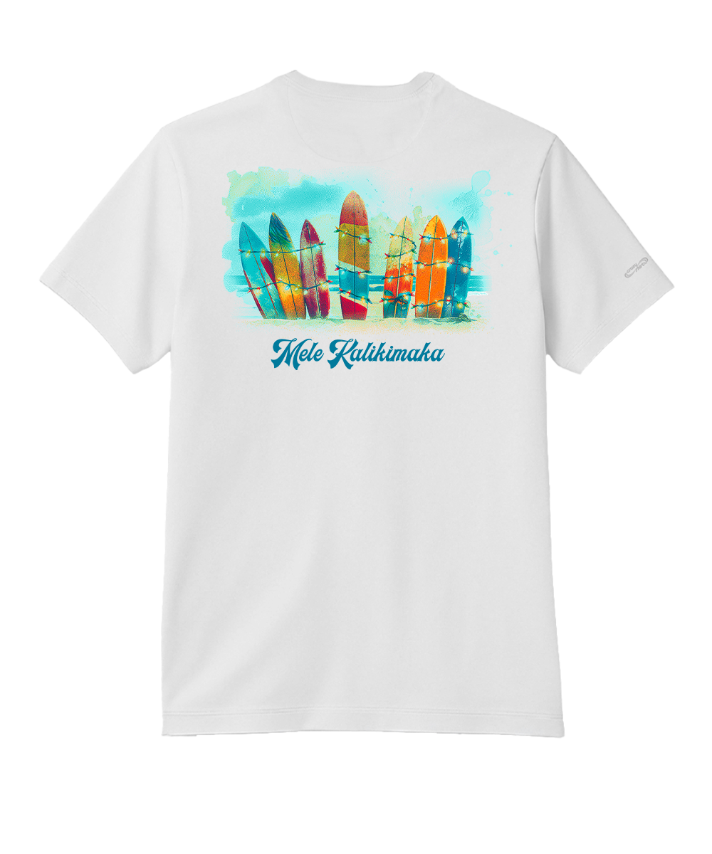 White short-sleeve t-shirt showing the back side with a colorful graphic of surfboards and the text 'Moe Kikikimaka' printed on the center. View 1