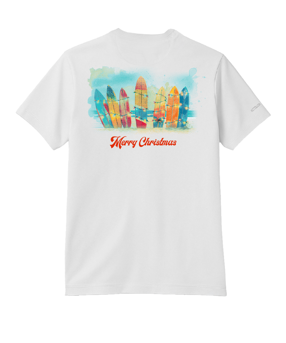 White short-sleeve crewneck t-shirt shown from the back, featuring a colorful watercolor graphic of surfboards and the text 'Merry Christmas' in red script. View 1