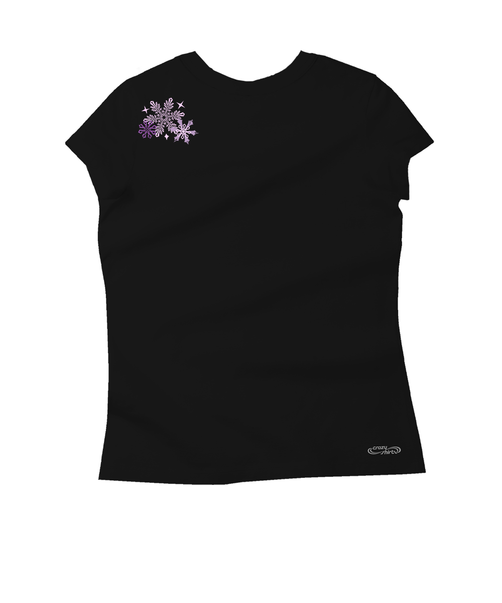 A black short-sleeve t-shirt with a purple glittery snowflake graphic on the left chest and a small white script logo on the bottom right hem, shown against a plain white background. View 4