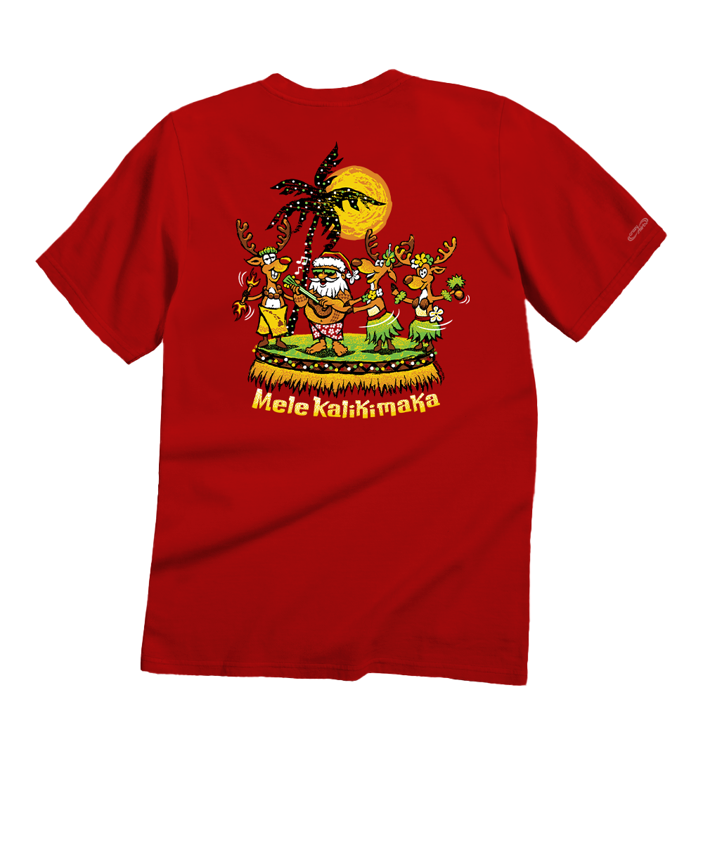 A red short-sleeve t-shirt shown flat against a white background, featuring a large colorful graphic on the back with Hawaiian hula dancers, a palm tree, a yellow sun, and the text 'Mele Kalikimaka'. View 1