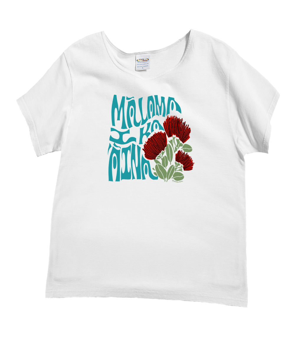 A white short-sleeve crewneck t-shirt featuring a graphic print of stylized turquoise text and red and green protea flowers on the front, displayed flat against a white background. View 1