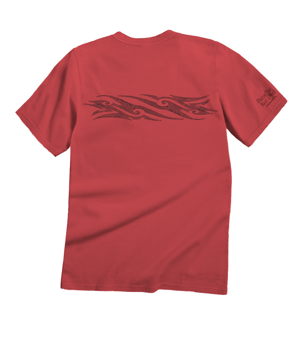 A red short-sleeve t-shirt shown from the back, featuring a black tribal graphic across the upper back and a small black logo on the left sleeve, set against a plain white background. View 4