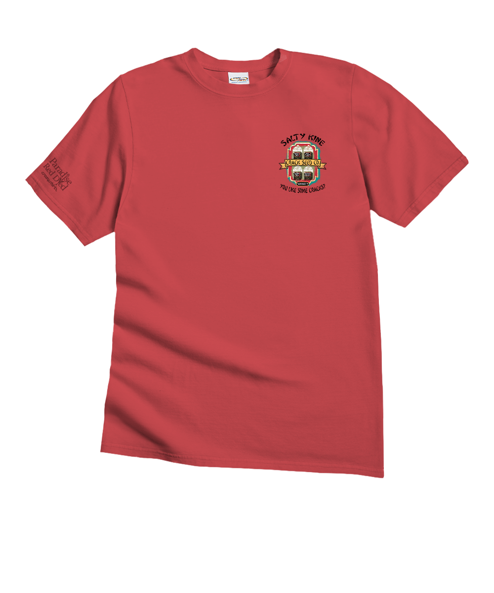 A red short-sleeve crewneck t-shirt with a small graphic on the left chest and a darker red graphic on the right sleeve, displayed on a solid white background. View 4