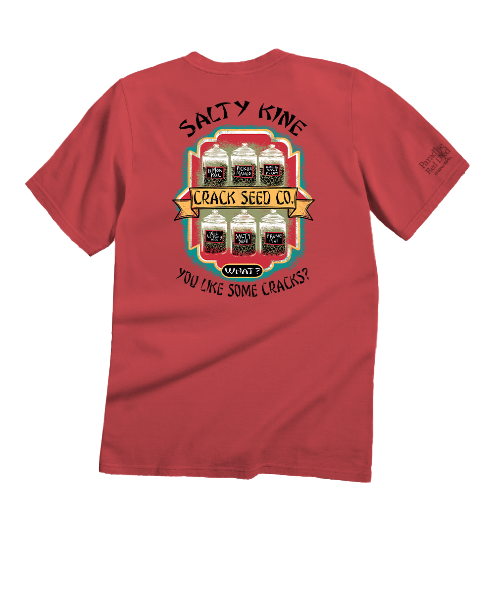 A red short-sleeve t-shirt shown from the back, featuring a large graphic print with the text 'SALTY KINE' and 'YOU LIKE SOME CRACKS?' and an illustration of crack jars with 'CRACK SEED CO.' on a banner. View 1