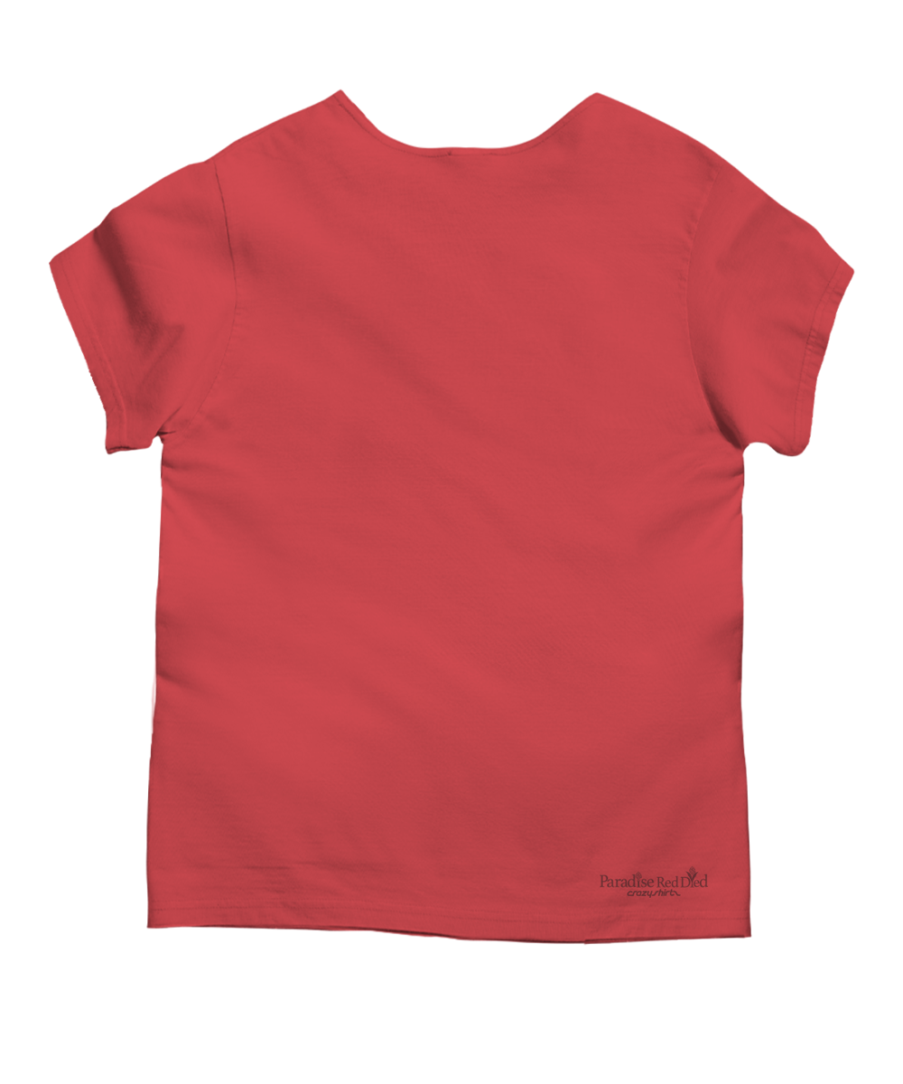 A red short-sleeve t-shirt shown from the back, featuring a small dark logo printed near the bottom right hem on a solid white background. View 4