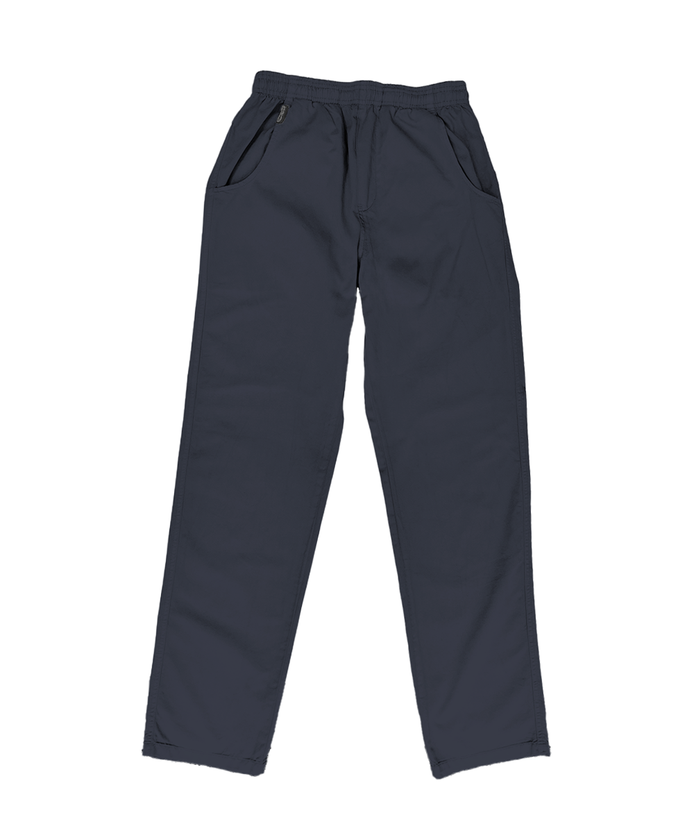 A pair of dark gray drawstring pants with side pockets, laid flat against a solid white background. View 1