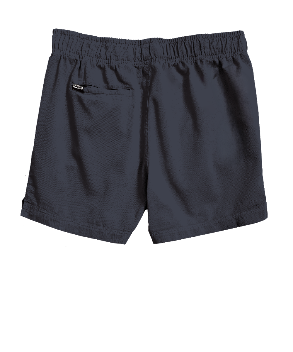 Dark gray elastic waist shorts with a side pocket, shown from the back on a white background. View 4