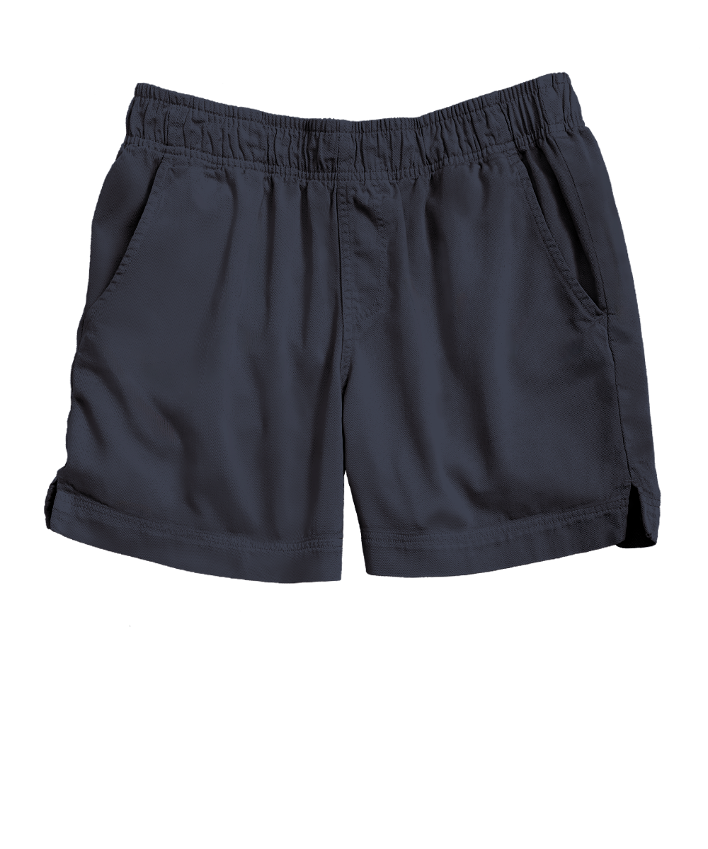 A pair of dark gray elastic-waist shorts with side pockets, shown flat against a white background. View 1