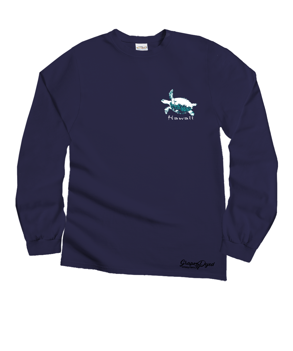 A navy blue long-sleeve crewneck sweatshirt featuring a small turtle graphic with 'Hawaii' text on the left chest and a black script logo near the bottom right hem, displayed on a solid white background. View 4