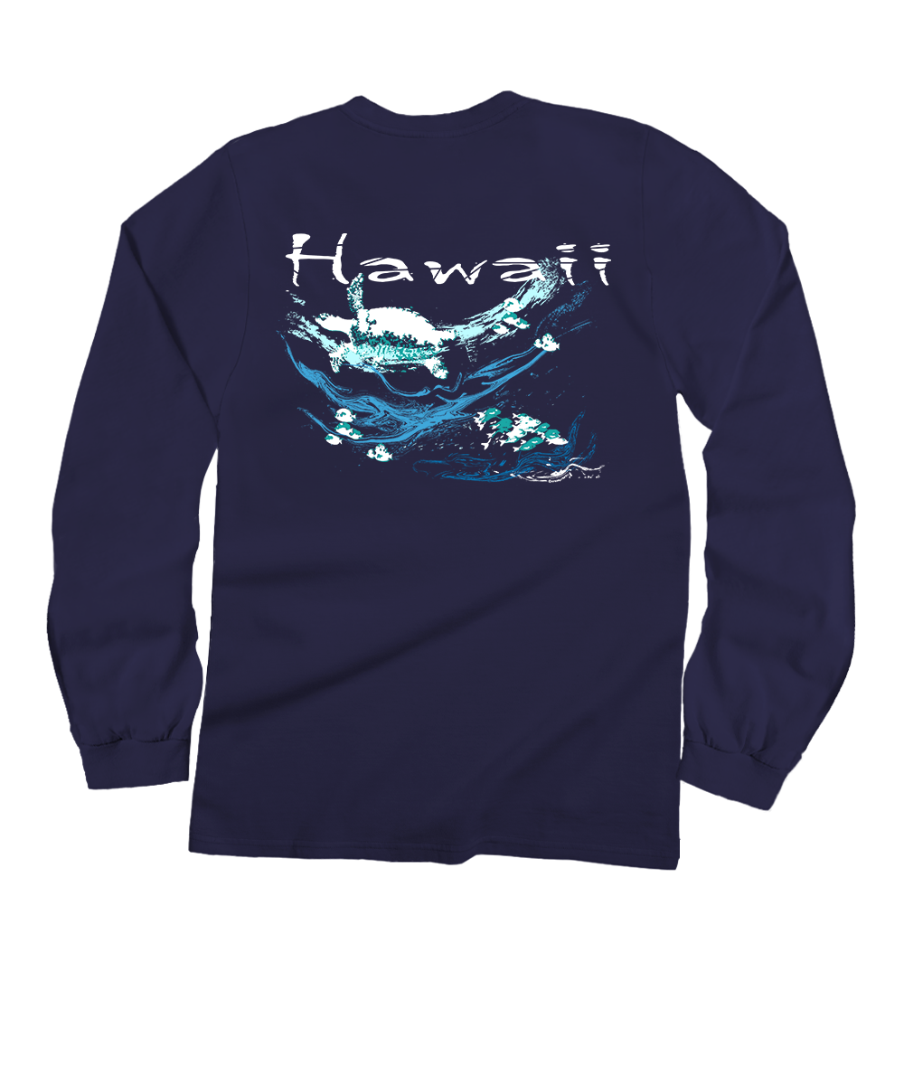 A navy blue long-sleeve t-shirt with a graphic on the back featuring the word 'Hawaii' in white script above a blue and white wave design with fish, shown against a plain white background. View 1