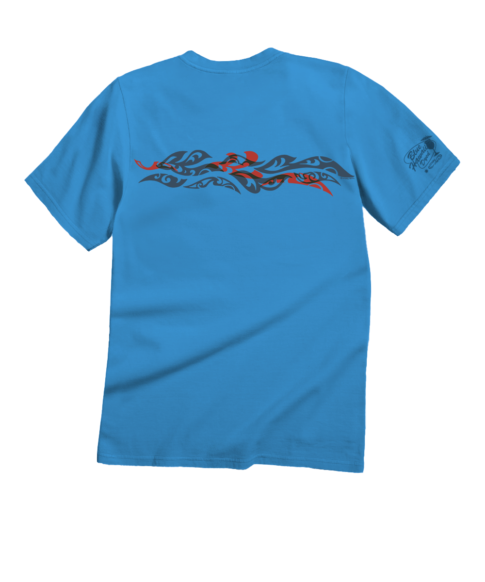 A bright blue short-sleeve t-shirt shown from the back, featuring a black and red tribal-style graphic across the upper back and a small black graphic on the left sleeve. View 4