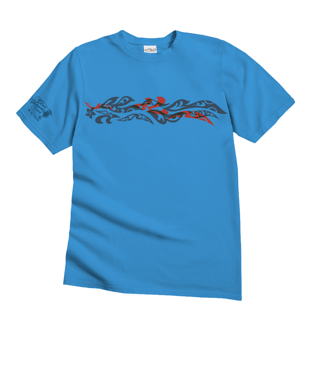 A bright blue short-sleeve crewneck t-shirt featuring a horizontal tribal-style graphic across the chest in black and red, with a small black graphic on the left sleeve. View 1