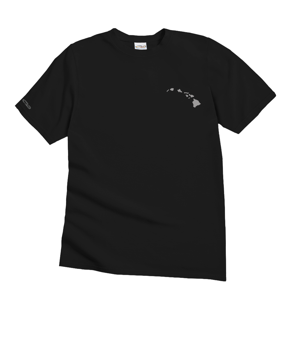 A black short-sleeve crewneck t-shirt with a small gray silhouette graphic of the Hawaiian Islands on the left chest, displayed on a solid white background. View 4
